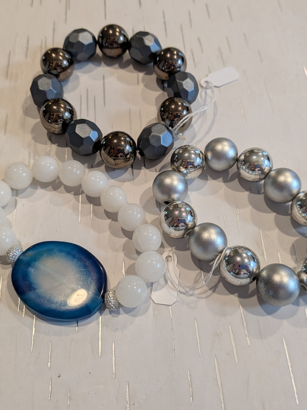 Set of Three Beaded Bracelets - Blue, White & Silver Set Of 3